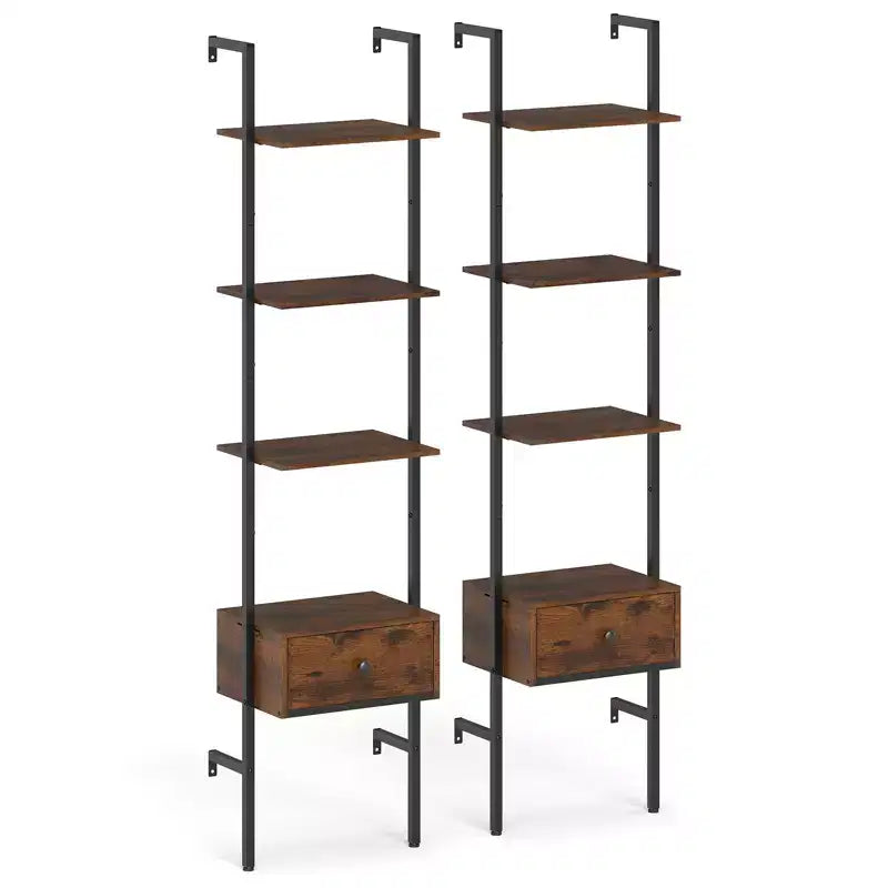 2 PCS 5-Tier Bookshelf w/ Drawer 70 Wall Mount Ladder Bookcase w/ Metal Frame