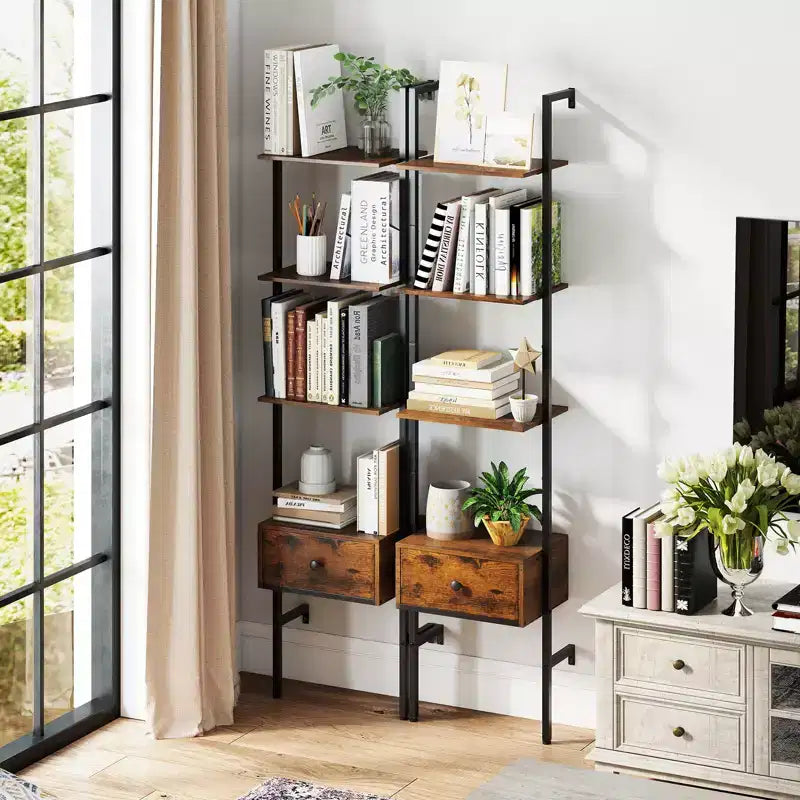 2 PCS 5-Tier Bookshelf w/ Drawer 70 Wall Mount Ladder Bookcase w/ Metal Frame