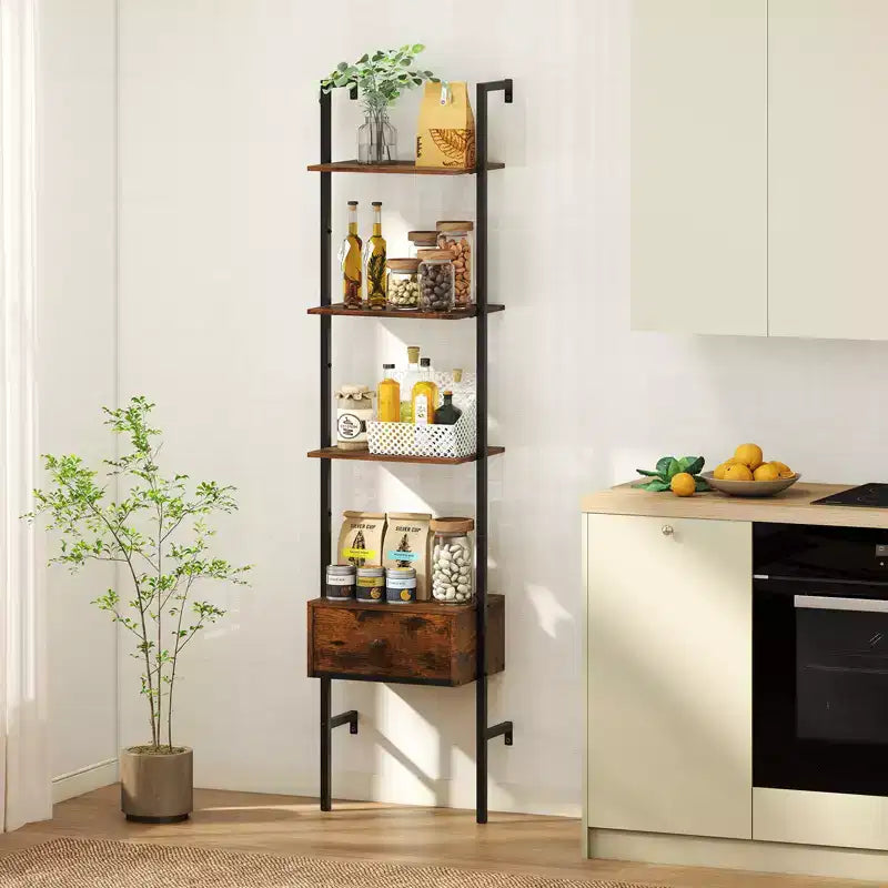 2 PCS 5-Tier Bookshelf w/ Drawer 70 Wall Mount Ladder Bookcase w/ Metal Frame