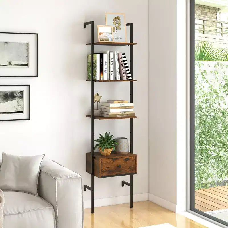 2 PCS 5-Tier Bookshelf w/ Drawer 70 Wall Mount Ladder Bookcase w/ Metal Frame