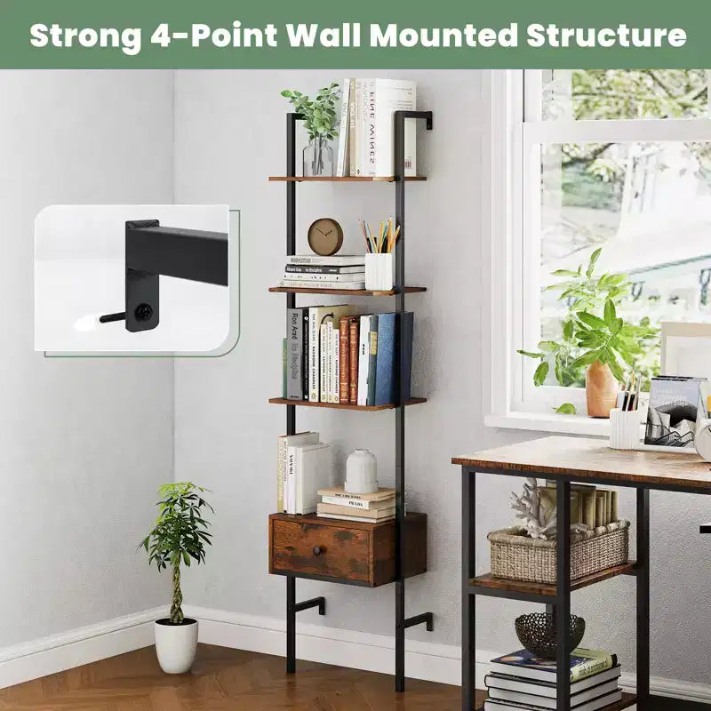 2 PCS 5-Tier Bookshelf w/ Drawer 70 Wall Mount Ladder Bookcase w/ Metal Frame