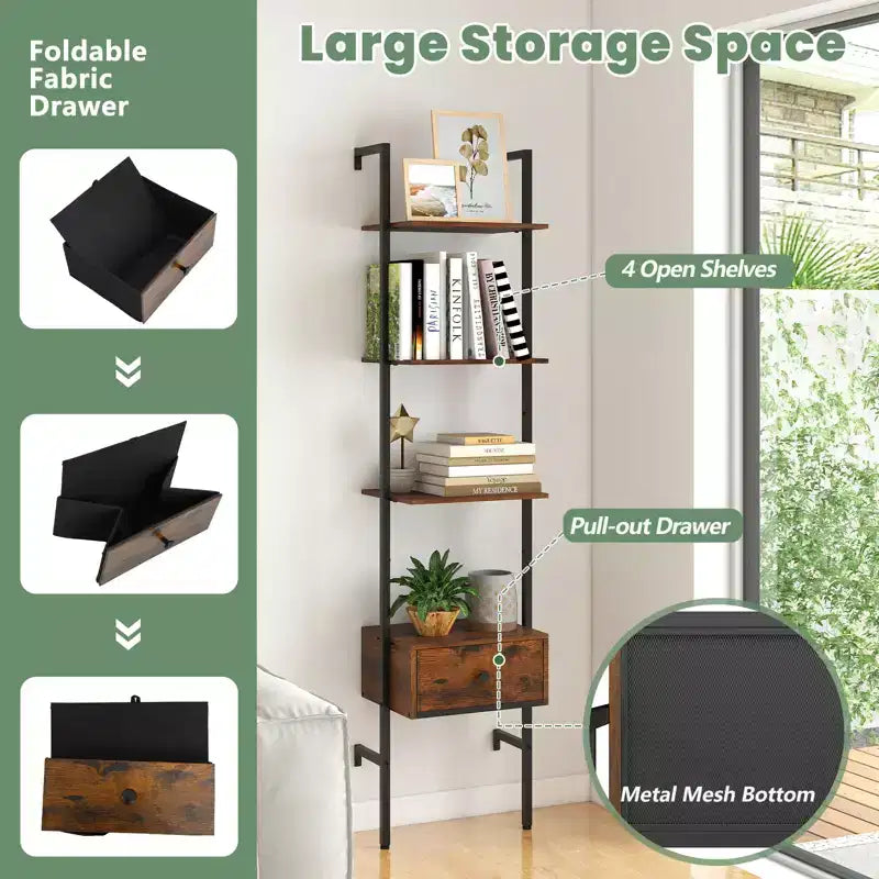 2 PCS 5-Tier Bookshelf w/ Drawer 70 Wall Mount Ladder Bookcase w/ Metal Frame