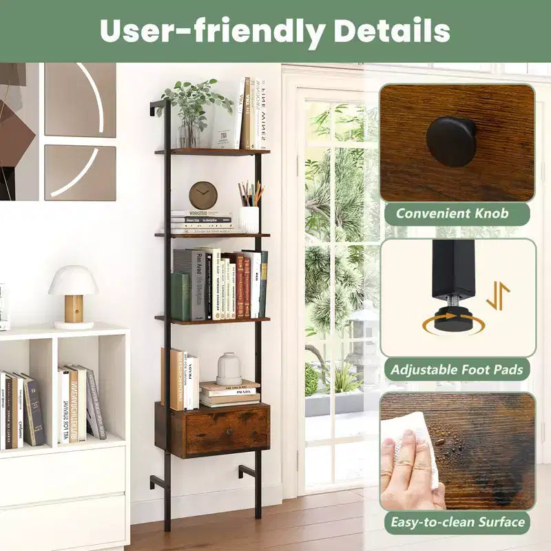 2 PCS 5-Tier Bookshelf w/ Drawer 70 Wall Mount Ladder Bookcase w/ Metal Frame