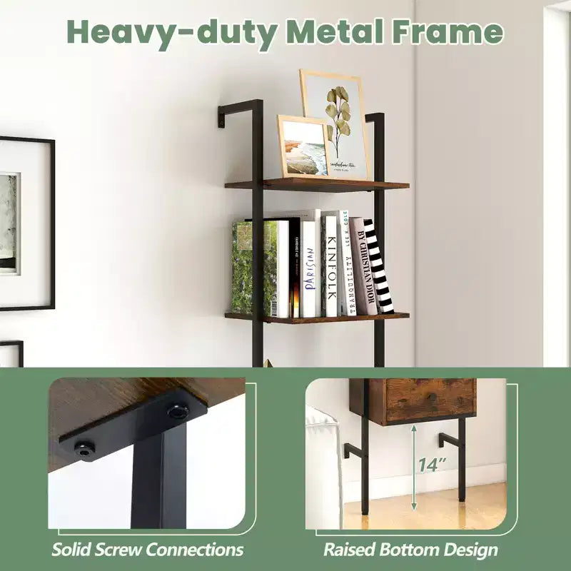 2 PCS 5-Tier Bookshelf w/ Drawer 70 Wall Mount Ladder Bookcase w/ Metal Frame