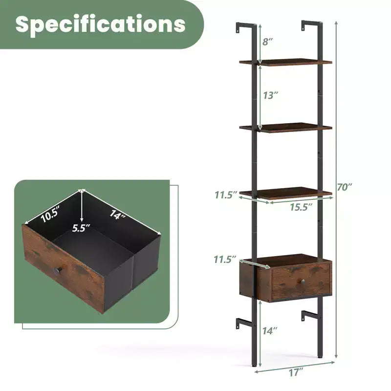 2 PCS 5-Tier Bookshelf w/ Drawer 70 Wall Mount Ladder Bookcase w/ Metal Frame