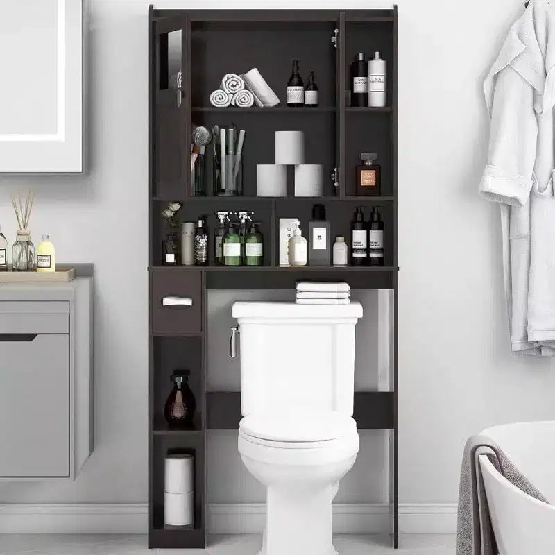 Over Toilet Storage Cabinet Bathroom Shelf with Glass Doors Adjustable Shelves Espresso Freestanding Space Save Toilet Rack