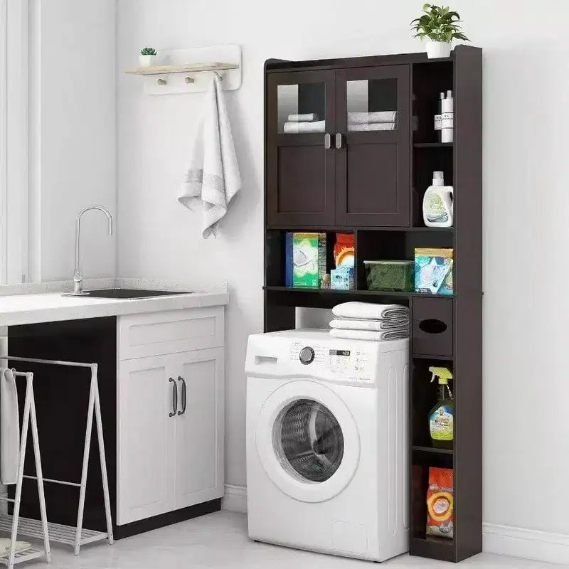 Over Toilet Storage Cabinet Bathroom Shelf with Glass Doors Adjustable Shelves Espresso Freestanding Space Save Toilet Rack