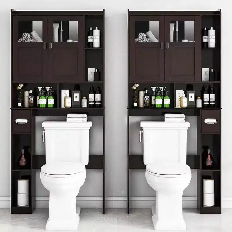 Over Toilet Storage Cabinet Bathroom Shelf with Glass Doors Adjustable Shelves Espresso Freestanding Space Save Toilet Rack