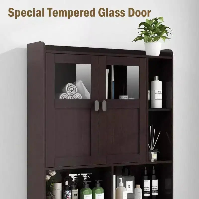 Over Toilet Storage Cabinet Bathroom Shelf with Glass Doors Adjustable Shelves Espresso Freestanding Space Save Toilet Rack