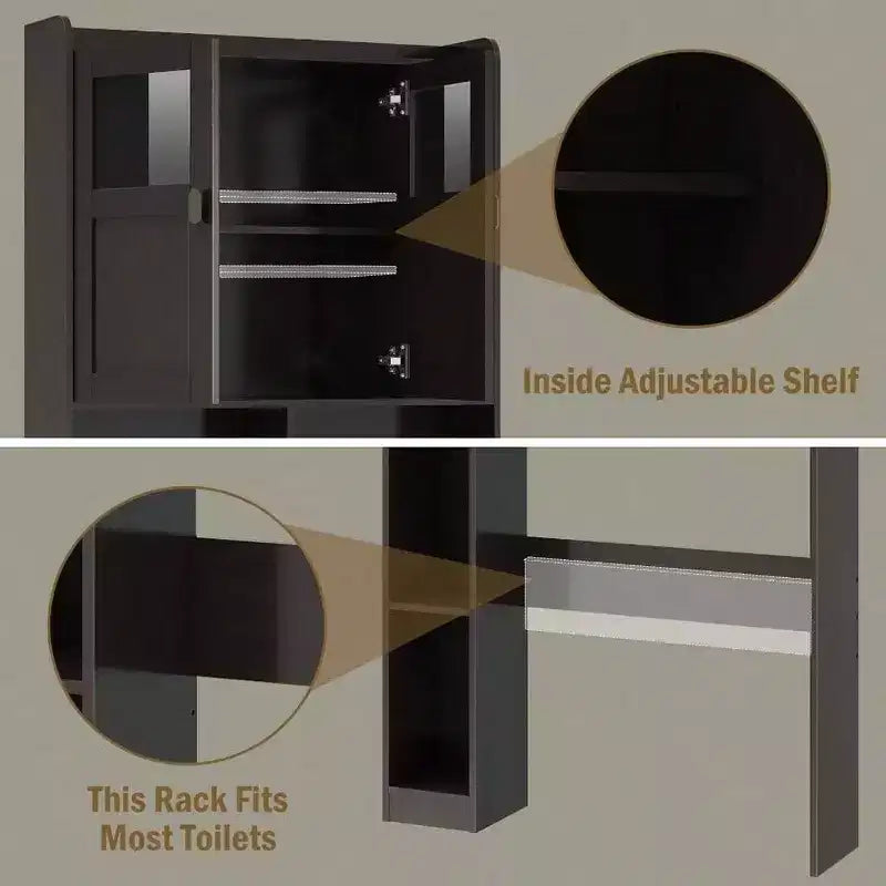 Over Toilet Storage Cabinet Bathroom Shelf with Glass Doors Adjustable Shelves Espresso Freestanding Space Save Toilet Rack