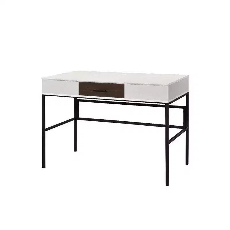 Multifunctional drawer Writing Desk with 2 Hinged Top Storage Compartments, White and Black