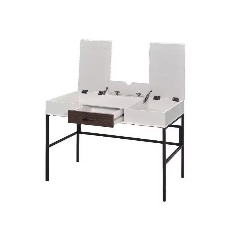 Multifunctional drawer Writing Desk with 2 Hinged Top Storage Compartments, White and Black