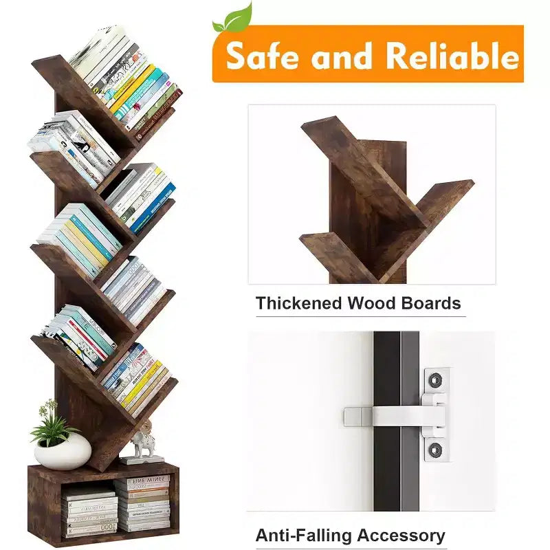 8-Tier Tree Bookcase with Storage, Tall Floor Standing Shelf for Living Room Bedroom Home Office, Multi-Functional Organizer with Wood Tone Finish