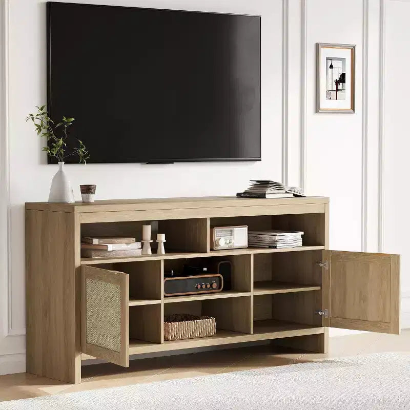 Modern Rattan TV Console 58 Inch Media Cabinet with 4 Open Drawers, 2 Doors, Adjustable Shelves, Storage Cabinet for TV up to 65 Inches