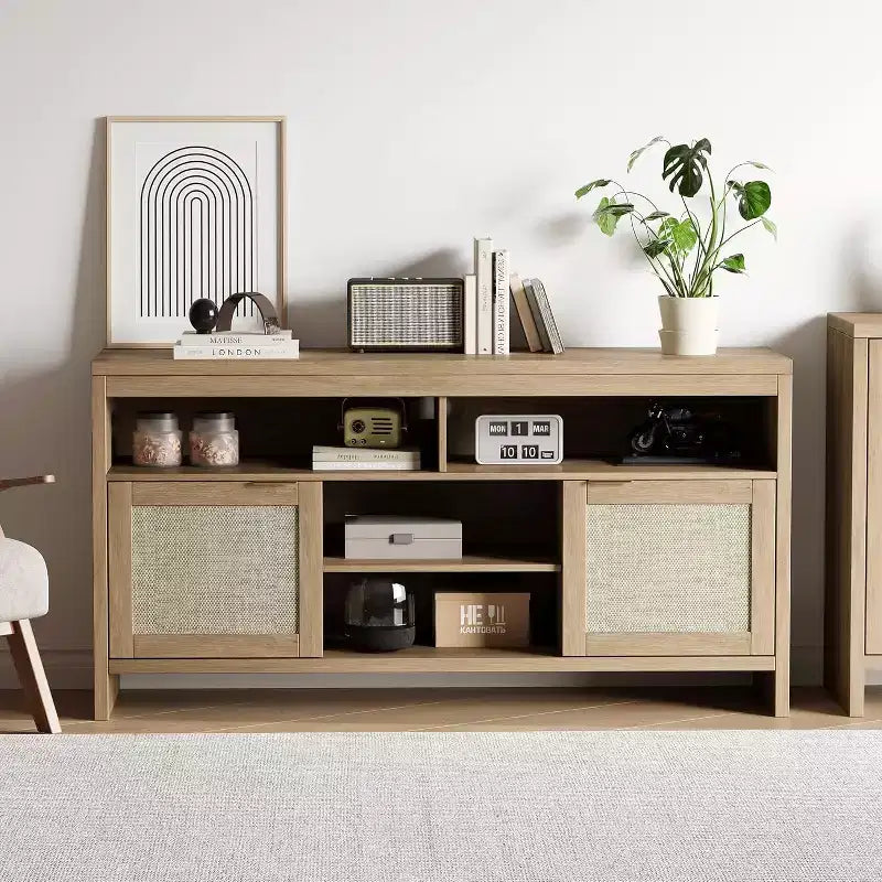 Modern Rattan TV Console 58 Inch Media Cabinet with 4 Open Drawers, 2 Doors, Adjustable Shelves, Storage Cabinet for TV up to 65 Inches