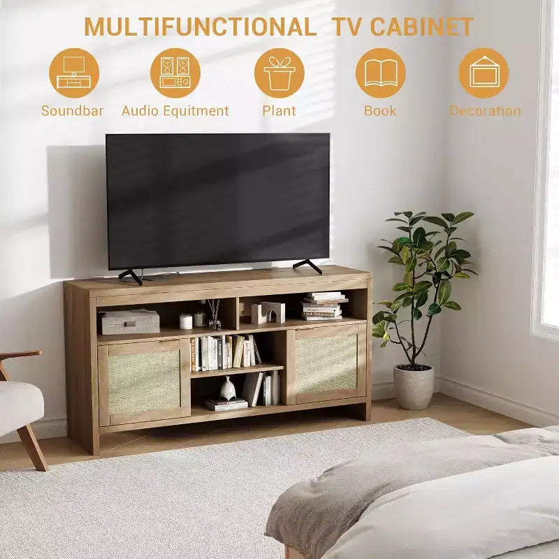 Modern Rattan TV Console 58 Inch Media Cabinet with 4 Open Drawers, 2 Doors, Adjustable Shelves, Storage Cabinet for TV up to 65 Inches