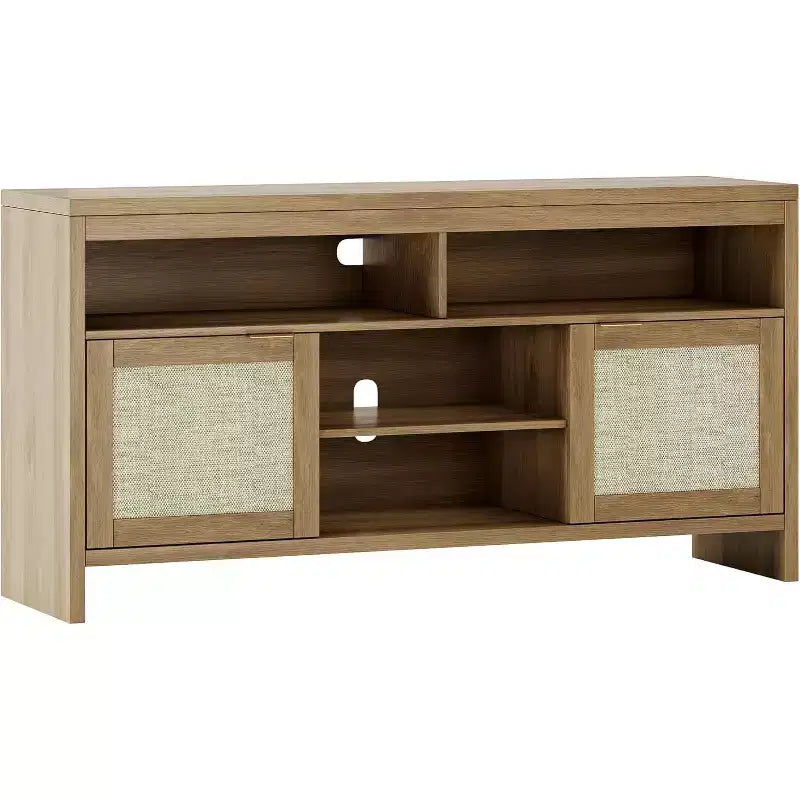 Modern Rattan TV Console 58 Inch Media Cabinet with 4 Open Drawers, 2 Doors, Adjustable Shelves, Storage Cabinet for TV up to 65 Inches