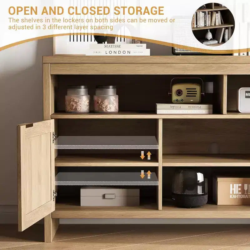 Modern Rattan TV Console 58 Inch Media Cabinet with 4 Open Drawers, 2 Doors, Adjustable Shelves, Storage Cabinet for TV up to 65 Inches
