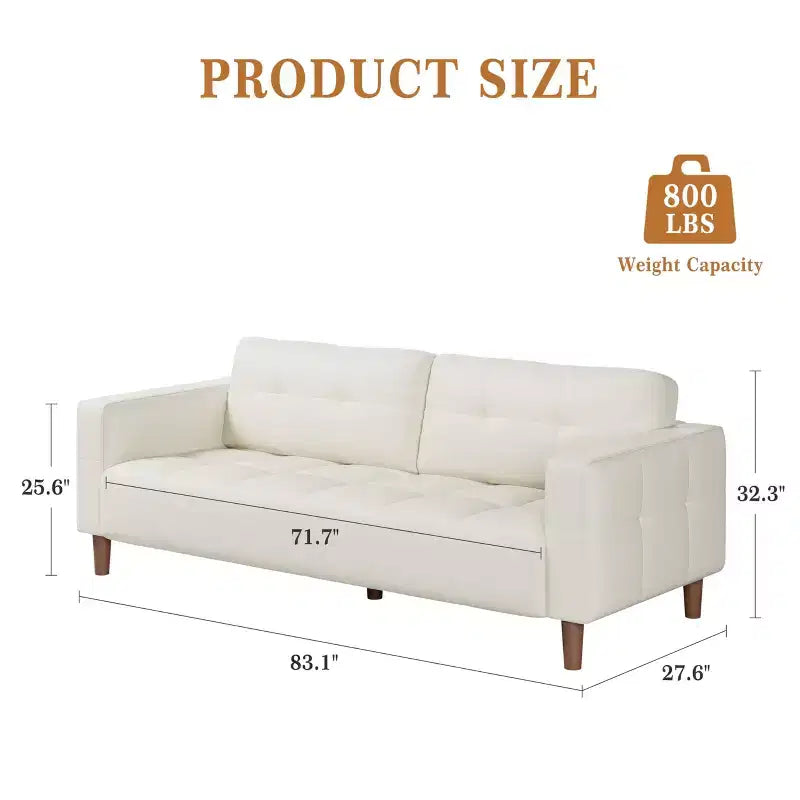 3-Seater Sofa Couch, 83 Wide Faux Leather Sofa Couch with Spring Cushion, Modern Sofa w/2 Removable Back Cushions, for Living Room, Bedroom