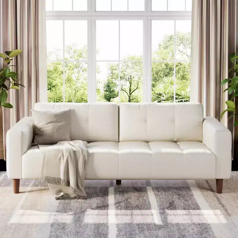 3-Seater Sofa Couch, 83 Wide Faux Leather Sofa Couch with Spring Cushion, Modern Sofa w/2 Removable Back Cushions, for Living Room, Bedroom