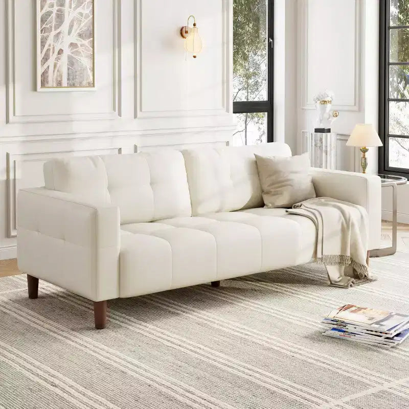 3-Seater Sofa Couch, 83 Wide Faux Leather Sofa Couch with Spring Cushion, Modern Sofa w/2 Removable Back Cushions, for Living Room, Bedroom
