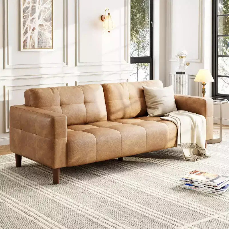 3-Seater Sofa Couch, 83 Wide Faux Leather Sofa Couch with Spring Cushion, Modern Sofa w/2 Removable Back Cushions, for Living Room, Bedroom