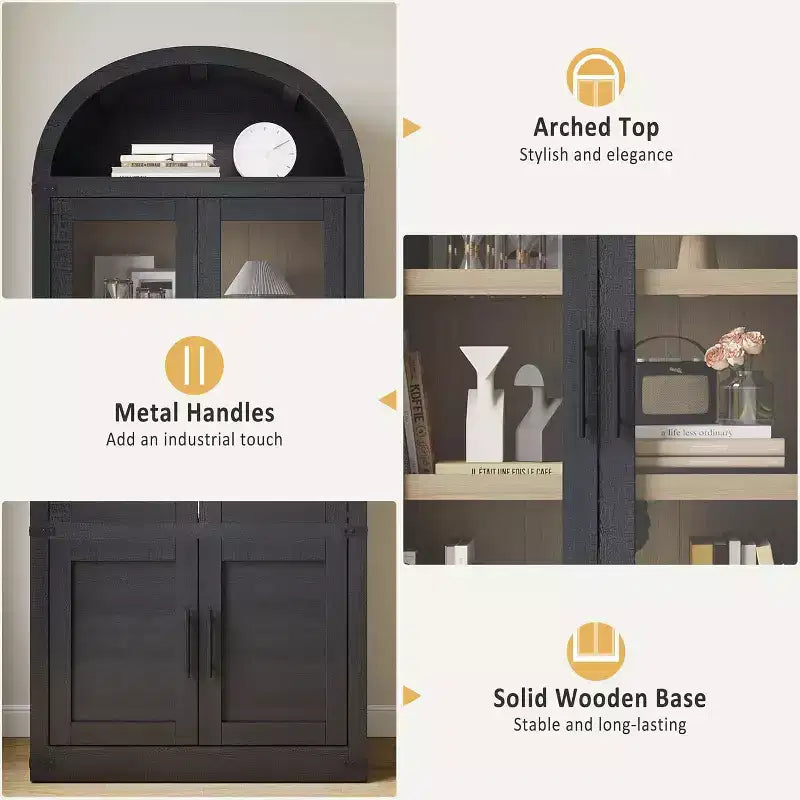 Arched Bookcase with Doors Modern 6-Tier Bookshelf with Storage Wooden Display Cabinet Farmhouse Storage Shelves for Living Room,Office