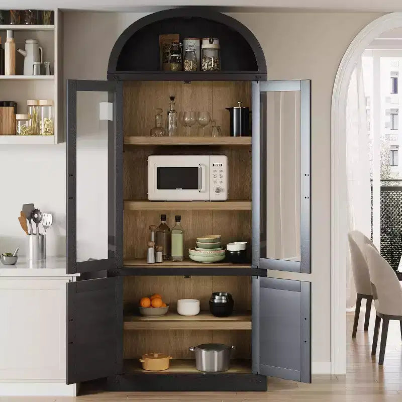 Arched Bookcase with Doors Modern 6-Tier Bookshelf with Storage Wooden Display Cabinet Farmhouse Storage Shelves for Living Room,Office