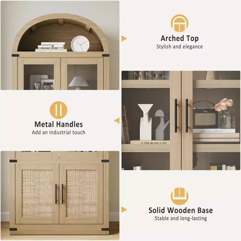 Arched Bookcase with Doors Modern 6-Tier Bookshelf with Storage Wooden Display Cabinet Farmhouse Storage Shelves for Living Room,Office