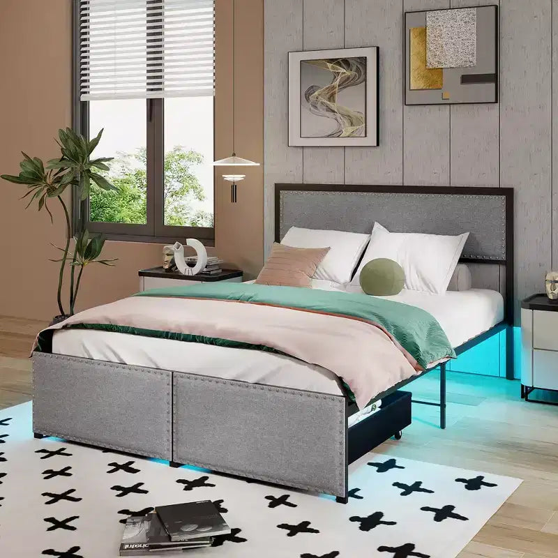 Full Size Bed Frame w/ 2 Storage Drawers LED Lights Slats Support Modern