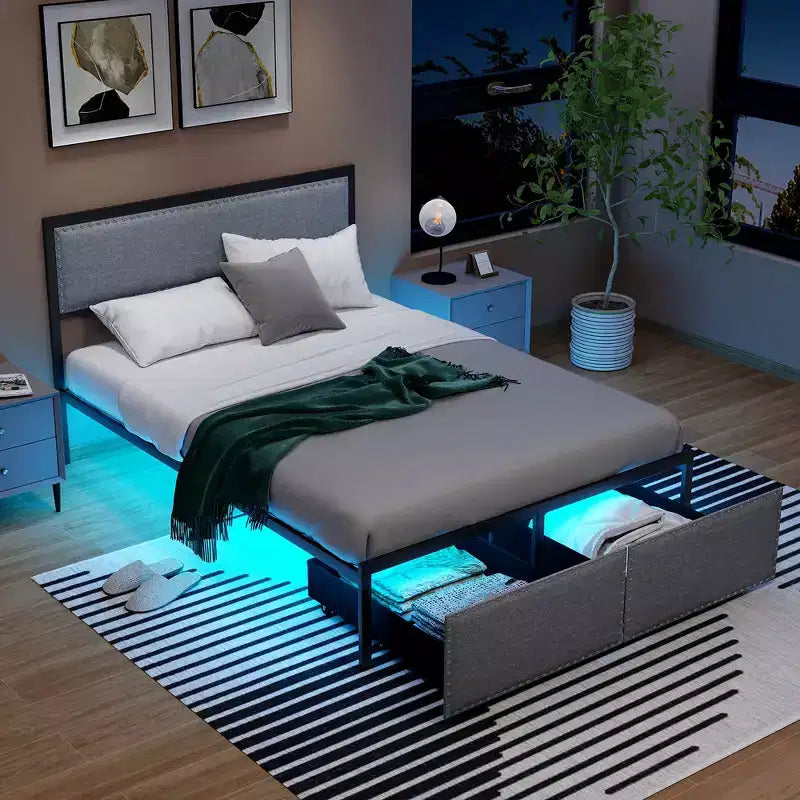 Full Size Bed Frame w/ 2 Storage Drawers LED Lights Slats Support Modern