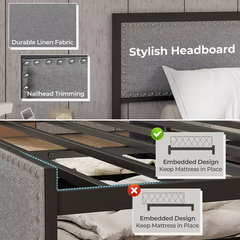 Full Size Bed Frame w/ 2 Storage Drawers LED Lights Slats Support Modern