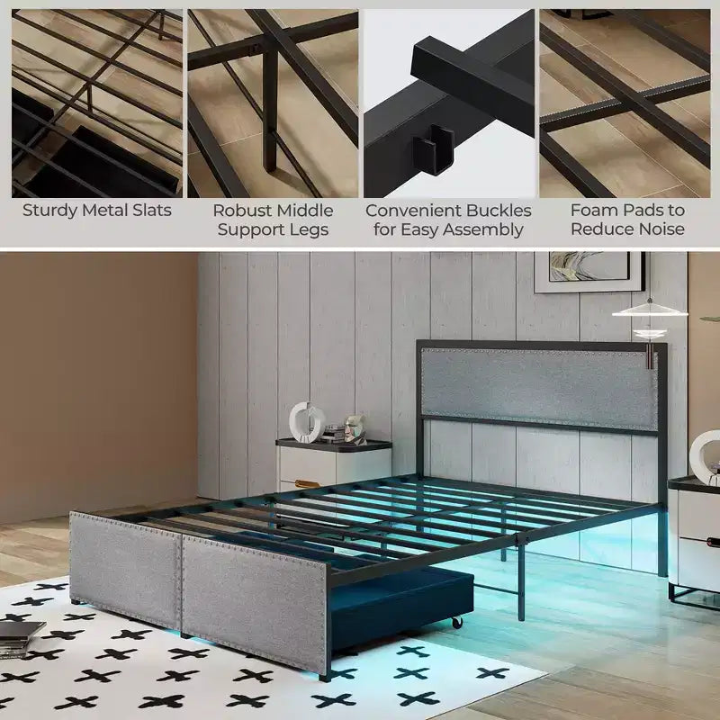 Full Size Bed Frame w/ 2 Storage Drawers LED Lights Slats Support Modern