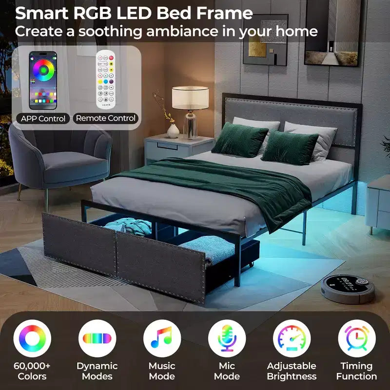 Full Size Bed Frame w/ 2 Storage Drawers LED Lights Slats Support Modern