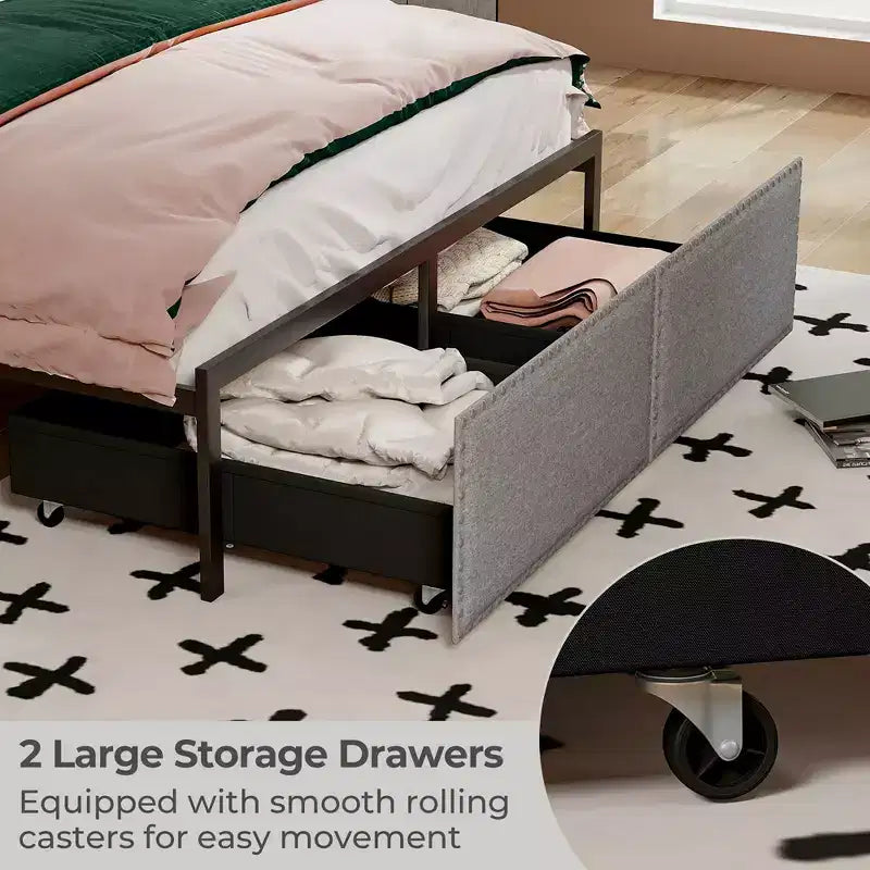 Full Size Bed Frame w/ 2 Storage Drawers LED Lights Slats Support Modern
