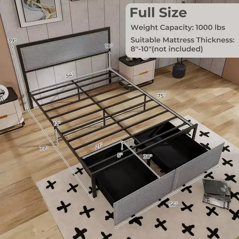 Full Size Bed Frame w/ 2 Storage Drawers LED Lights Slats Support Modern