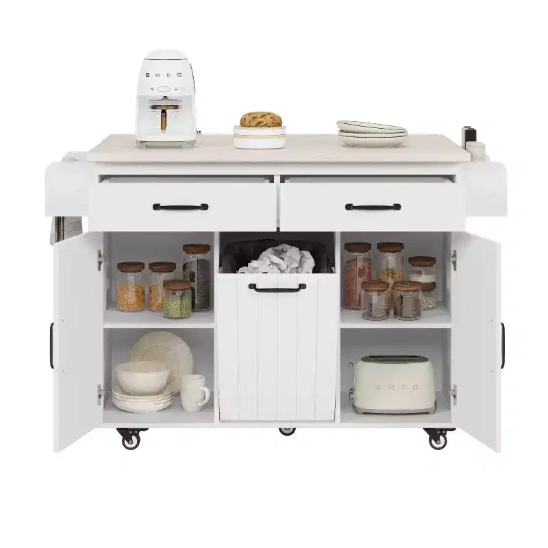 Kitchen Island with Trash Can Storage Cabinet, Kitchen Cart with Drop Leaf, Rolling Kitchen Island on Wheels with Adjustable Shelf and Drawer