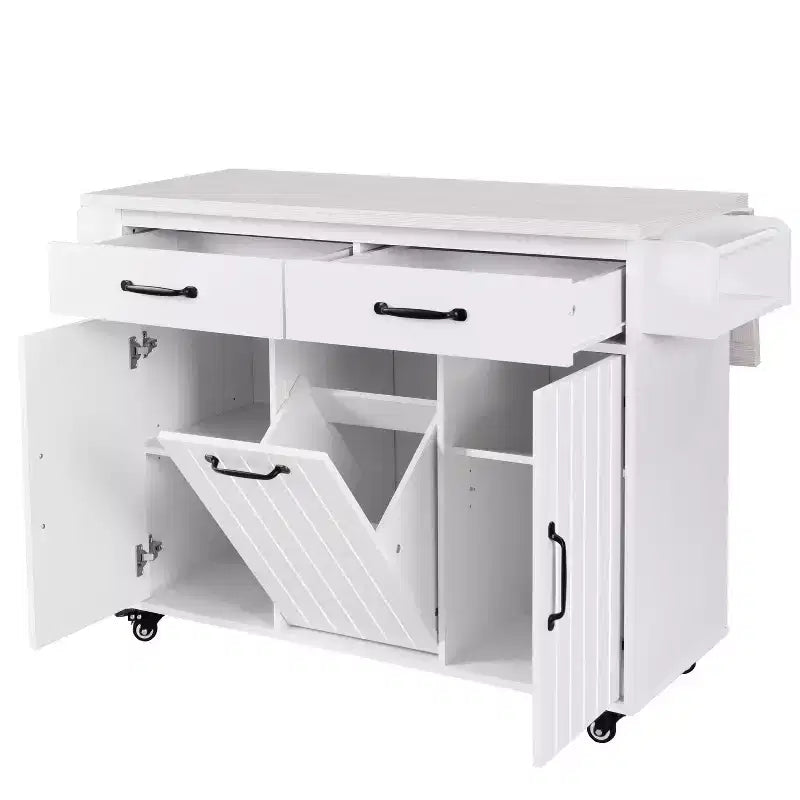 Kitchen Island with Trash Can Storage Cabinet, Kitchen Cart with Drop Leaf, Rolling Kitchen Island on Wheels with Adjustable Shelf and Drawer