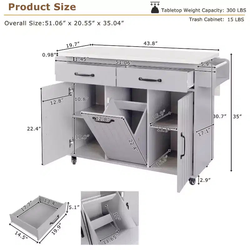 Kitchen Island with Trash Can Storage Cabinet, Kitchen Cart with Drop Leaf, Rolling Kitchen Island on Wheels with Adjustable Shelf and Drawer