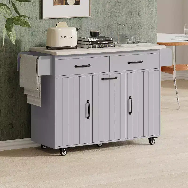 Kitchen Island with Trash Can Storage Cabinet, Kitchen Cart with Drop Leaf, Rolling Kitchen Island on Wheels with Adjustable Shelf and Drawer