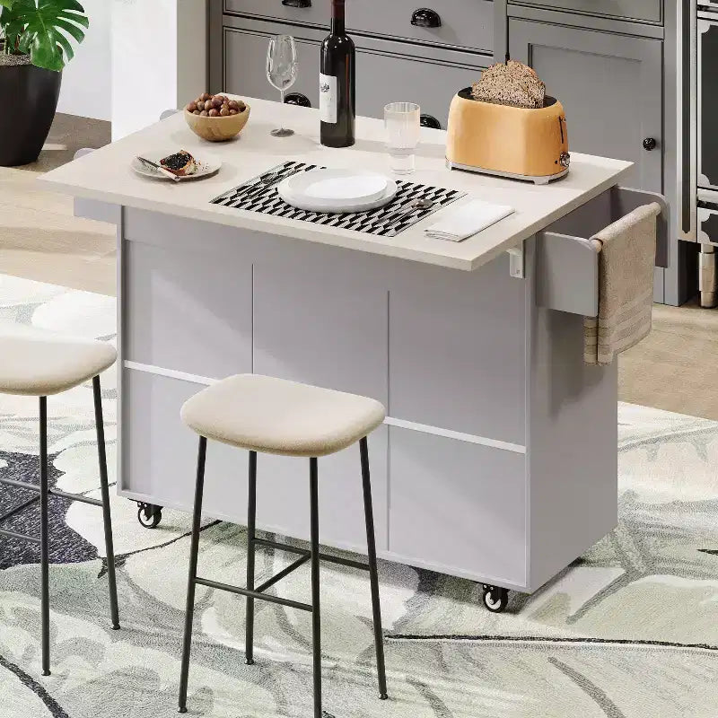 Kitchen Island with Trash Can Storage Cabinet, Kitchen Cart with Drop Leaf, Rolling Kitchen Island on Wheels with Adjustable Shelf and Drawer