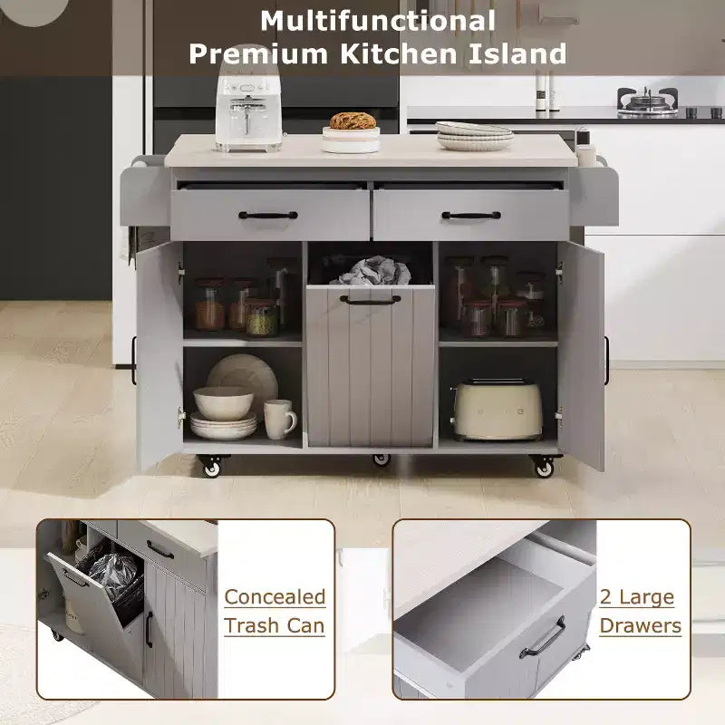Kitchen Island with Trash Can Storage Cabinet, Kitchen Cart with Drop Leaf, Rolling Kitchen Island on Wheels with Adjustable Shelf and Drawer