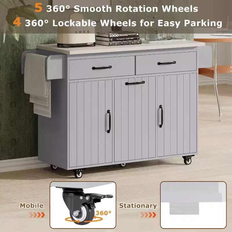 Kitchen Island with Trash Can Storage Cabinet, Kitchen Cart with Drop Leaf, Rolling Kitchen Island on Wheels with Adjustable Shelf and Drawer