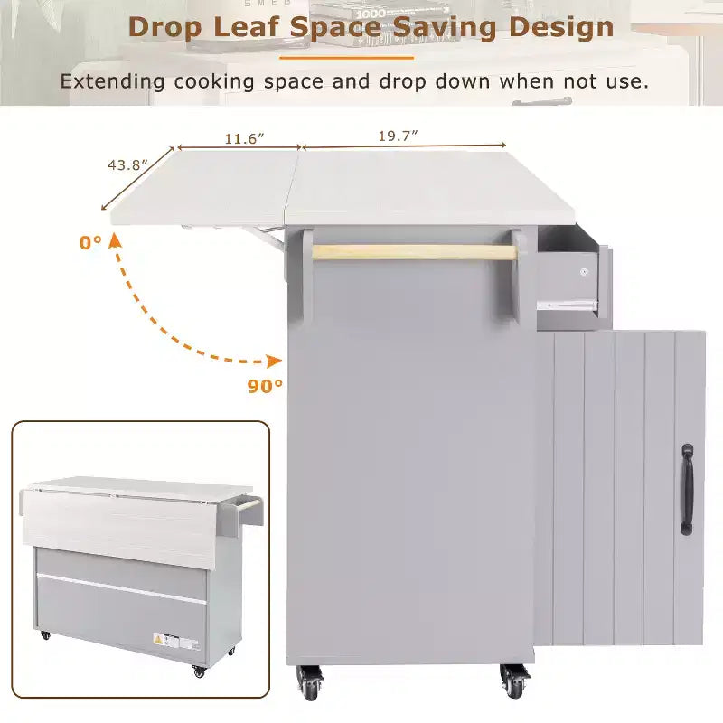 Kitchen Island with Trash Can Storage Cabinet, Kitchen Cart with Drop Leaf, Rolling Kitchen Island on Wheels with Adjustable Shelf and Drawer