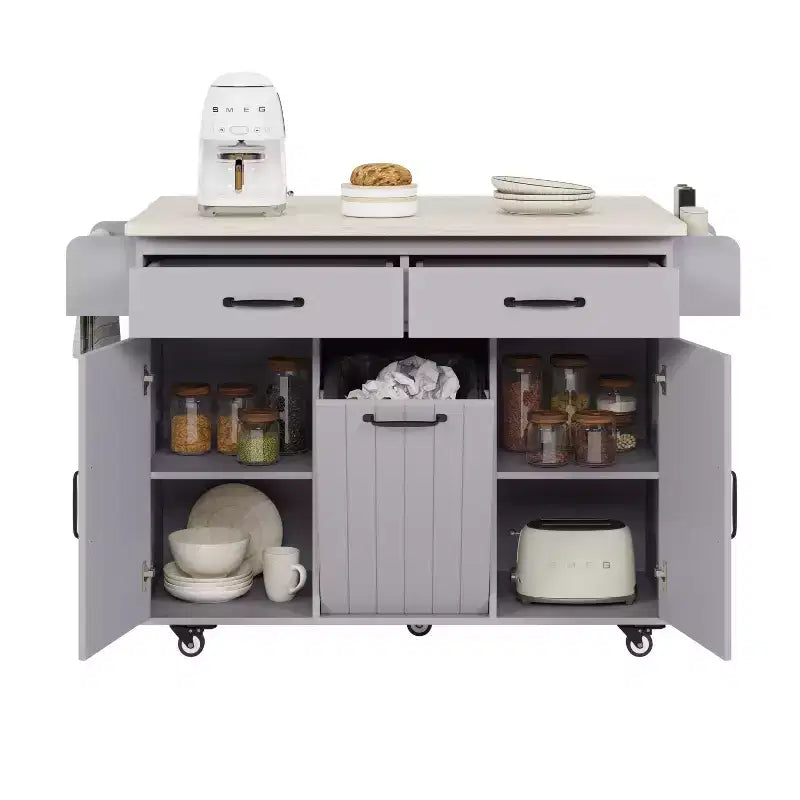Kitchen Island with Trash Can Storage Cabinet, Kitchen Cart with Drop Leaf, Rolling Kitchen Island on Wheels with Adjustable Shelf and Drawer