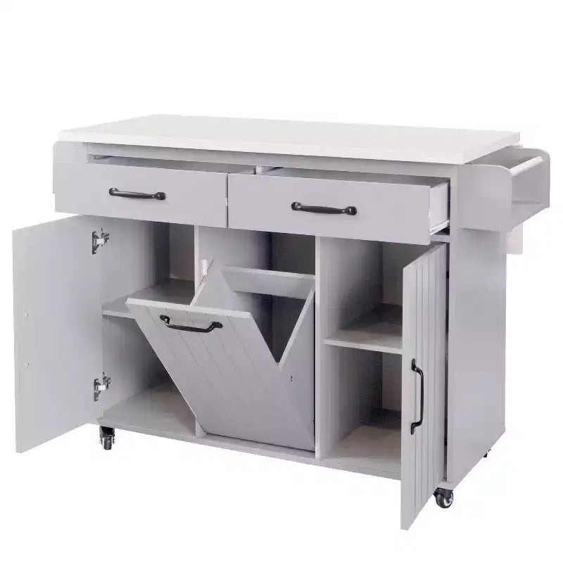 Kitchen Island with Trash Can Storage Cabinet, Kitchen Cart with Drop Leaf, Rolling Kitchen Island on Wheels with Adjustable Shelf and Drawer