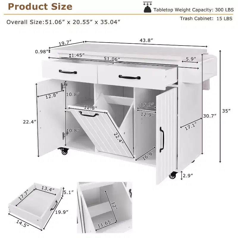 Kitchen Island with Trash Can Storage Cabinet, Kitchen Cart with Drop Leaf, Rolling Kitchen Island on Wheels with Adjustable Shelf and Drawer