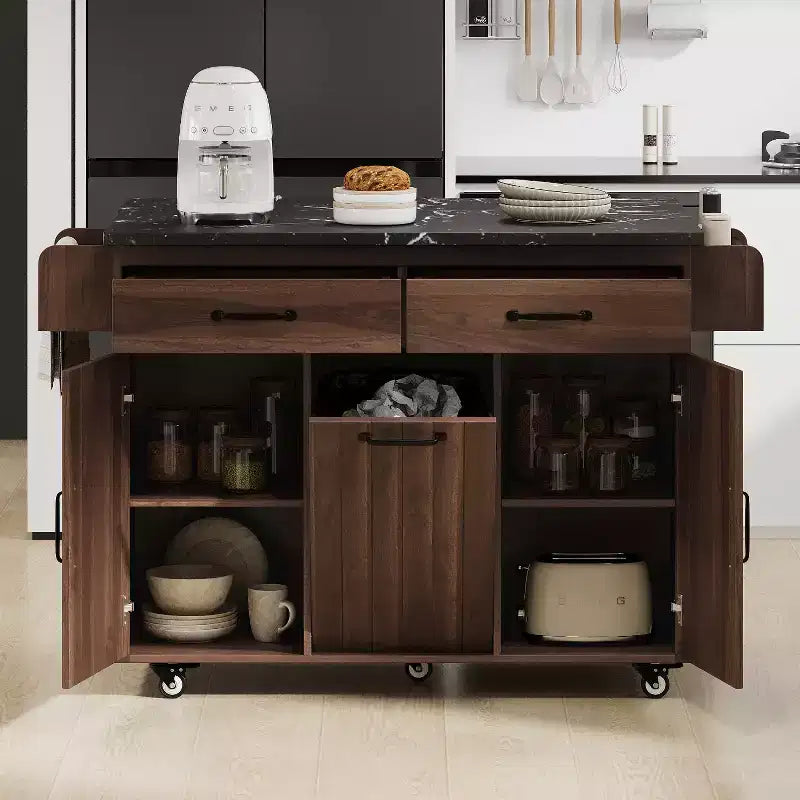 Kitchen Island with Trash Can Storage Cabinet, Kitchen Cart with Drop Leaf, Rolling Kitchen Island on Wheels with Adjustable Shelf and Drawer