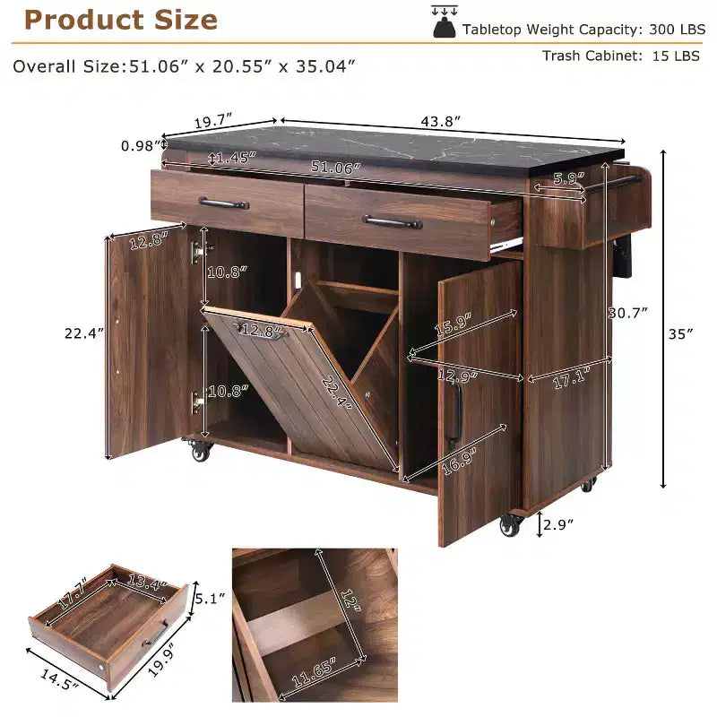 Kitchen Island with Trash Can Storage Cabinet, Kitchen Cart with Drop Leaf, Rolling Kitchen Island on Wheels with Adjustable Shelf and Drawer