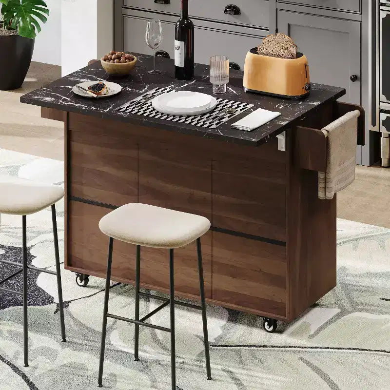 Kitchen Island with Trash Can Storage Cabinet, Kitchen Cart with Drop Leaf, Rolling Kitchen Island on Wheels with Adjustable Shelf and Drawer